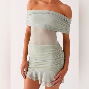 PEPPERMAYO Nelly Off Shoulder Mini Dress-Pistachio